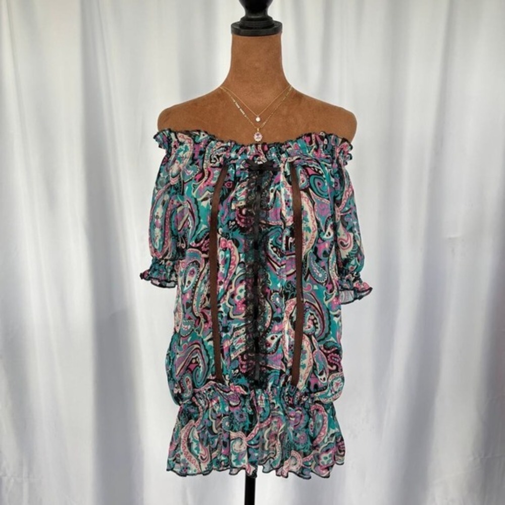 2000s Vintage Grane Paisley Semi Sheer Babydoll Top Lace Puff Sleeve Large